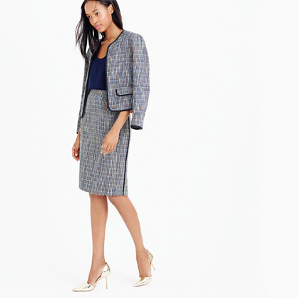 Pencil Skirt In Flecked Tweed - style: pencil; fit: tailored/fitted; waist: high rise; pattern: herringbone/tweed; secondary colour: white; predominant colour: denim; occasions: work, creative work; length: on the knee; fibres: wool - mix; pattern type: fabric; texture group: tweed - light/midweight; pattern size: standard (bottom); multicoloured: multicoloured; season: a/w 2015