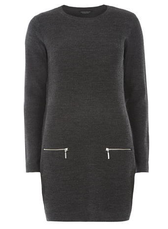 Womens Charcoal Zip Ribbed Tunic Grey - pattern: plain; length: below the bottom; style: tunic; predominant colour: mid grey; occasions: casual, creative work; fibres: acrylic - 100%; fit: body skimming; neckline: crew; sleeve length: long sleeve; sleeve style: standard; pattern type: knitted - big stitch; texture group: jersey - stretchy/drapey; season: a/w 2015