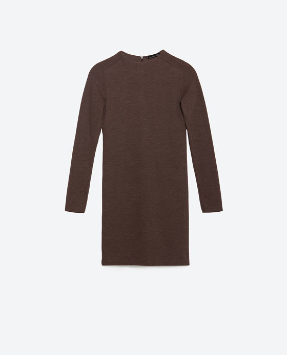 Knit Dress - style: shift; length: mid thigh; pattern: plain; neckline: high neck; predominant colour: taupe; occasions: casual, creative work; fit: body skimming; fibres: cotton - mix; sleeve length: long sleeve; sleeve style: standard; texture group: knits/crochet; pattern type: knitted - fine stitch; season: a/w 2015; wardrobe: basic