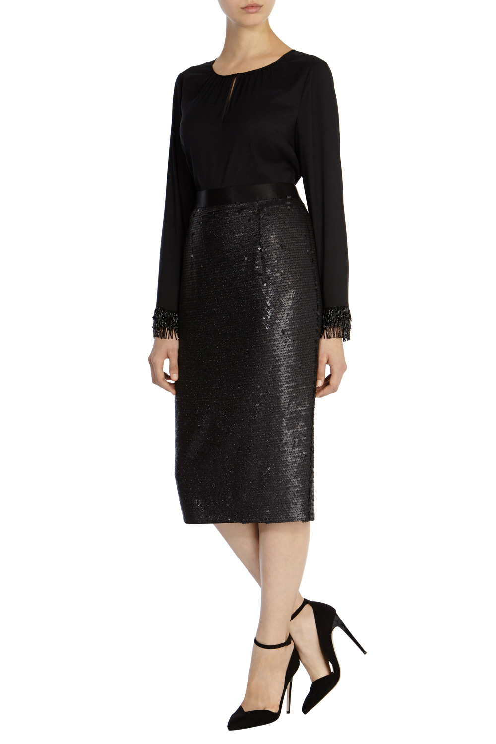 Ashlynne Sequin Skirt - length: below the knee; pattern: plain; style: pencil; fit: tailored/fitted; waist: high rise; predominant colour: black; occasions: occasion; texture group: woven light midweight; embellishment: sequins; season: a/w 2015