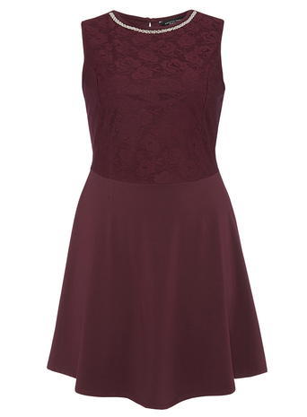Womens **Dp Curve Wine Embellished Lace Fit And Flare Dress Wine - pattern: plain; sleeve style: sleeveless; bust detail: added detail/embellishment at bust; predominant colour: burgundy; occasions: evening; length: just above the knee; fit: fitted at waist & bust; style: fit & flare; fibres: cotton - stretch; neckline: crew; sleeve length: sleeveless; pattern type: fabric; texture group: jersey - stretchy/drapey; embellishment: lace; season: a/w 2015
