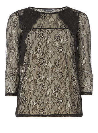 Womens **Tall Black And Nude Eyelash Top Black - neckline: round neck; secondary colour: nude; predominant colour: black; occasions: evening, occasion; length: standard; style: top; fibres: nylon - mix; fit: body skimming; sleeve length: 3/4 length; sleeve style: standard; texture group: lace; pattern type: fabric; pattern size: standard; pattern: patterned/print; season: a/w 2015