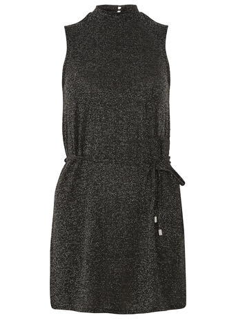 Womens Silver Shimmer High Neck Top Black - pattern: plain; neckline: high neck; length: below the bottom; style: tunic; waist detail: belted waist/tie at waist/drawstring; predominant colour: black; occasions: casual, evening; fibres: polyester/polyamide - mix; fit: body skimming; sleeve length: sleeveless; sleeve style: standard; pattern type: fabric; texture group: jersey - stretchy/drapey; season: a/w 2015