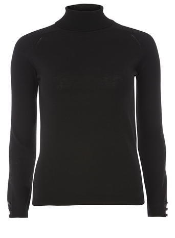 Womens Black Button Roll Neck Top Black - pattern: plain; neckline: roll neck; predominant colour: black; occasions: casual, work, creative work; length: standard; style: top; fibres: polyester/polyamide - mix; fit: body skimming; sleeve length: long sleeve; sleeve style: standard; pattern type: fabric; texture group: jersey - stretchy/drapey; season: a/w 2015