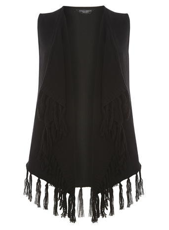 Womens Black Fringe Sleeveless Cardigan Black - pattern: plain; sleeve style: sleeveless; neckline: collarless open; style: open front; predominant colour: black; occasions: casual, creative work; length: standard; fibres: acrylic - 100%; fit: loose; hip detail: added detail/embellishment at hip; sleeve length: sleeveless; texture group: knits/crochet; pattern type: knitted - fine stitch; embellishment: fringing; season: a/w 2015