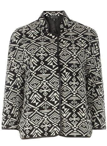 Womens **Mela Black And White Aztec Jacket Black - style: single breasted blazer; collar: round collar/collarless; secondary colour: white; predominant colour: black; occasions: casual, creative work; length: standard; fit: straight cut (boxy); fibres: polyester/polyamide - 100%; sleeve length: 3/4 length; sleeve style: standard; collar break: high; pattern type: fabric; pattern: patterned/print; texture group: woven light midweight; pattern size: big & busy (top); season: a/w 2015