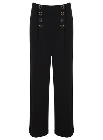 Womens High Waist Button Trouser, Black - length: standard; pattern: plain; waist: mid/regular rise; predominant colour: black; fibres: polyester/polyamide - 100%; texture group: crepes; fit: wide leg; pattern type: fabric; style: standard; occasions: creative work; season: a/w 2015