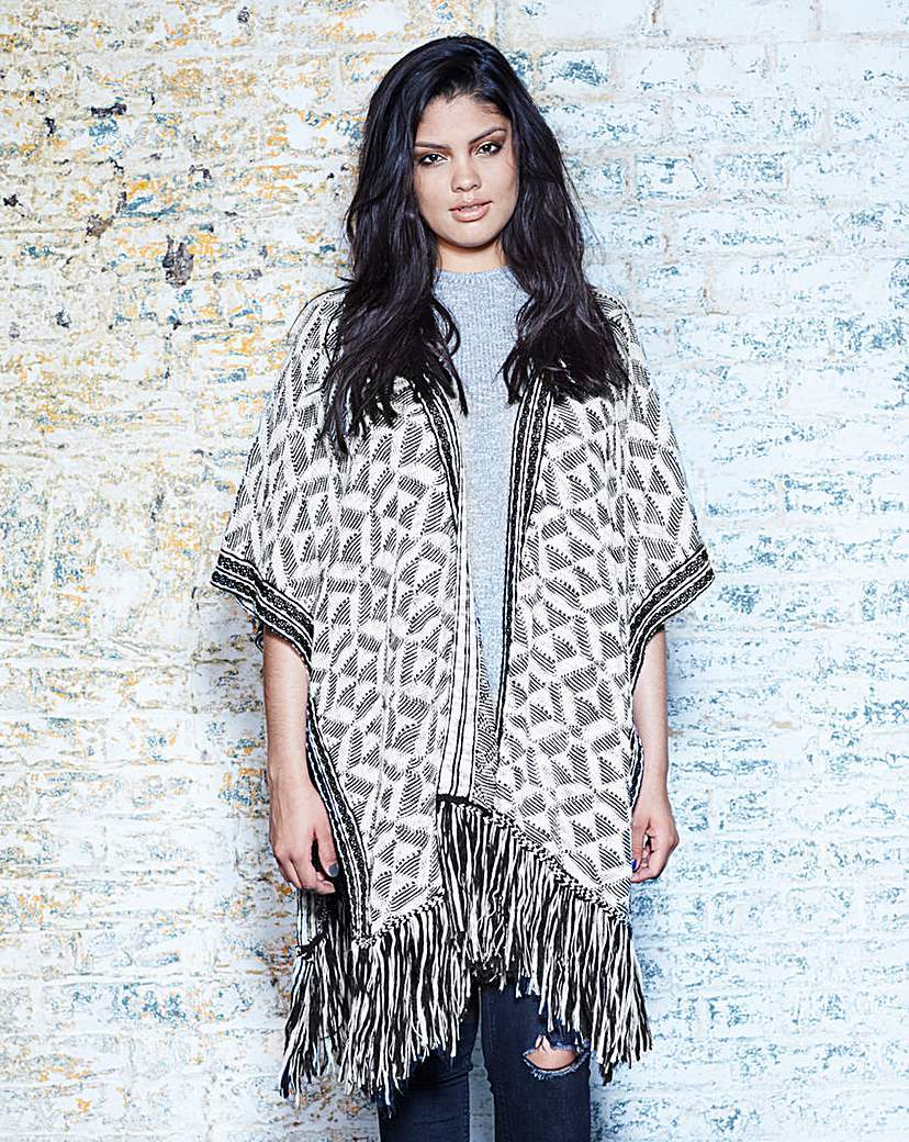 Tassel Trim Cardigan - sleeve style: dolman/batwing; neckline: collarless open; style: open front; length: on the knee; secondary colour: ivory/cream; predominant colour: mid grey; occasions: casual, creative work; fibres: cotton - mix; fit: loose; sleeve length: 3/4 length; texture group: knits/crochet; pattern type: knitted - other; pattern size: standard; pattern: patterned/print; embellishment: fringing; season: a/w 2015