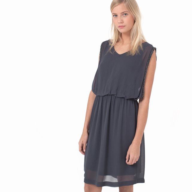 Sleeveless Voile Dress With Beaded Armholes - style: shift; neckline: v-neck; fit: fitted at waist; pattern: plain; sleeve style: sleeveless; waist detail: elasticated waist; predominant colour: charcoal; occasions: evening; length: just above the knee; fibres: polyester/polyamide - 100%; sleeve length: sleeveless; texture group: sheer fabrics/chiffon/organza etc.; pattern type: fabric; season: a/w 2015