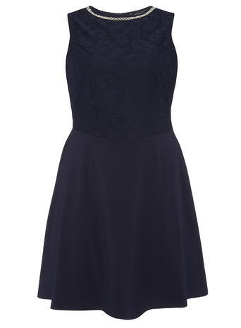 Womens **Dp Curve Navy Embellished Lace Fit And Flare Dress Navy - length: mid thigh; neckline: round neck; pattern: plain; sleeve style: sleeveless; predominant colour: navy; occasions: evening, occasion; fit: fitted at waist & bust; style: fit & flare; sleeve length: sleeveless; texture group: cotton feel fabrics; pattern type: fabric; embellishment: beading; season: a/w 2015