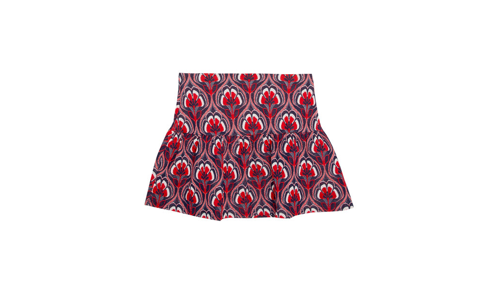 Frilled Jacquard Skirt - length: mini; fit: loose/voluminous; waist: mid/regular rise; secondary colour: true red; predominant colour: purple; occasions: casual; style: a-line; fibres: polyester/polyamide - 100%; hip detail: soft pleats at hip/draping at hip/flared at hip; pattern type: fabric; pattern: patterned/print; texture group: brocade/jacquard; season: a/w 2015