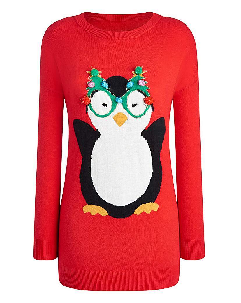 Christmas Penguin Jumper - style: standard; secondary colour: white; predominant colour: true red; occasions: casual; length: standard; fit: standard fit; neckline: crew; sleeve length: long sleeve; sleeve style: standard; texture group: knits/crochet; pattern type: knitted - fine stitch; pattern size: standard; pattern: patterned/print; embellishment: applique; fibres: viscose/rayon - mix; trends: christmas jumpers; season: a/w 2015