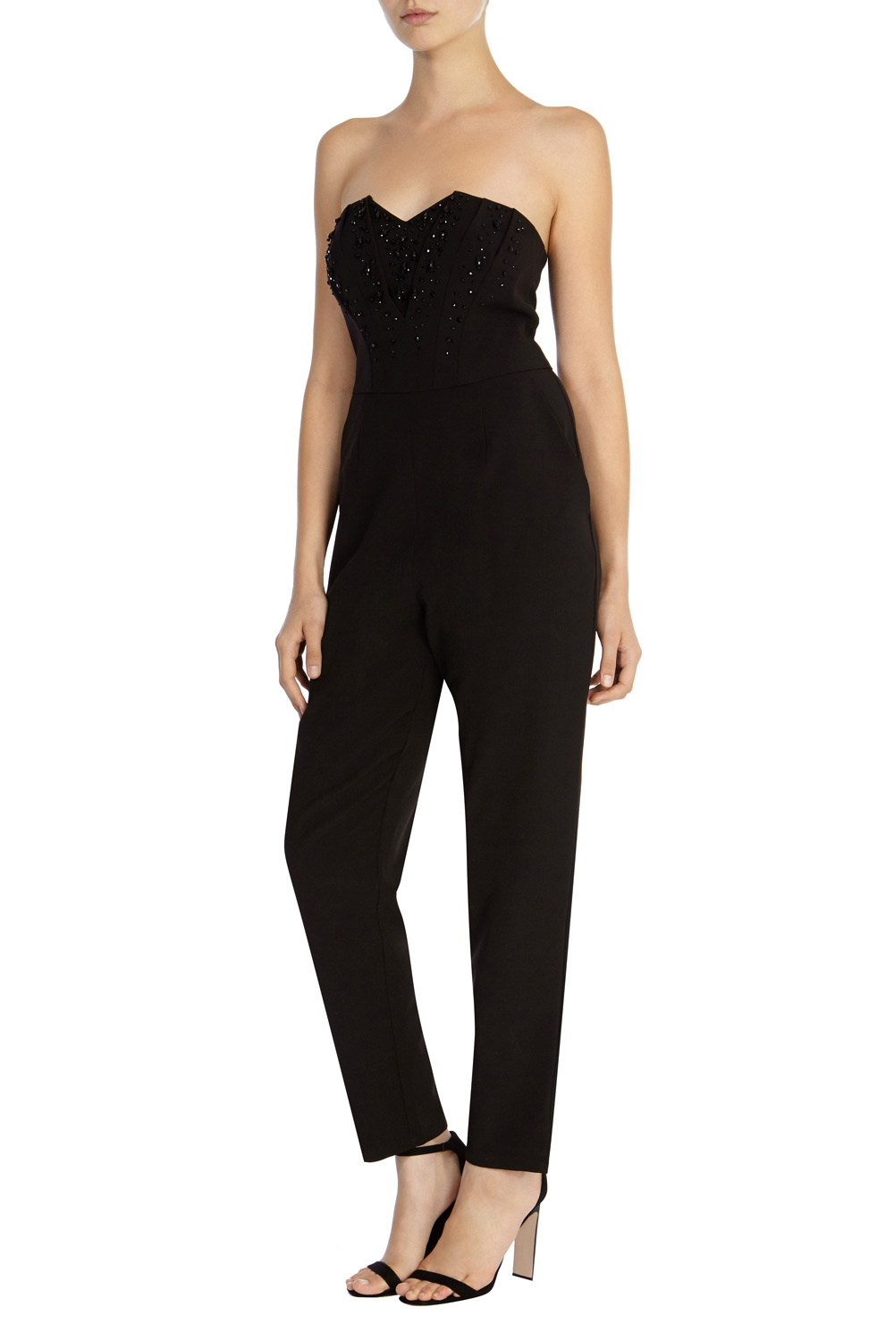 Luiza Embellished Jumpsuit - length: standard; neckline: strapless (straight/sweetheart); fit: tailored/fitted; pattern: plain; sleeve style: strapless; predominant colour: black; occasions: evening, occasion; fibres: polyester/polyamide - 100%; sleeve length: sleeveless; texture group: crepes; style: jumpsuit; pattern type: fabric; season: a/w 2015