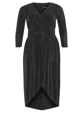 Womens **Dp Curve Black And Silver Wrap Dress Black - style: faux wrap/wrap; neckline: v-neck; pattern: plain; predominant colour: black; occasions: evening; length: just above the knee; fit: body skimming; sleeve length: 3/4 length; sleeve style: standard; pattern type: fabric; texture group: jersey - stretchy/drapey; fibres: nylon - stretch; season: a/w 2015