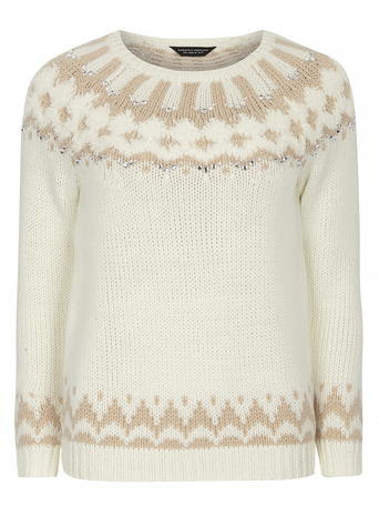 Womens Ivory Fairisle Christmas Jumper White - style: standard; predominant colour: ivory/cream; secondary colour: nude; occasions: casual; length: standard; fibres: acrylic - mix; fit: standard fit; neckline: crew; pattern: fairisle; sleeve length: long sleeve; sleeve style: standard; texture group: knits/crochet; pattern type: fabric; multicoloured: multicoloured; season: a/w 2015