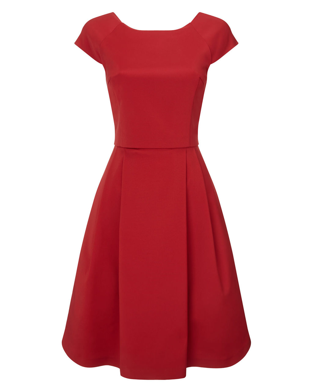 Bernice Dress - neckline: round neck; sleeve style: capped; pattern: plain; style: full skirt; back detail: low cut/open back; predominant colour: true red; occasions: evening; length: on the knee; fit: fitted at waist & bust; fibres: viscose/rayon - stretch; hip detail: structured pleats at hip; sleeve length: short sleeve; pattern type: fabric; texture group: other - light to midweight; season: a/w 2015