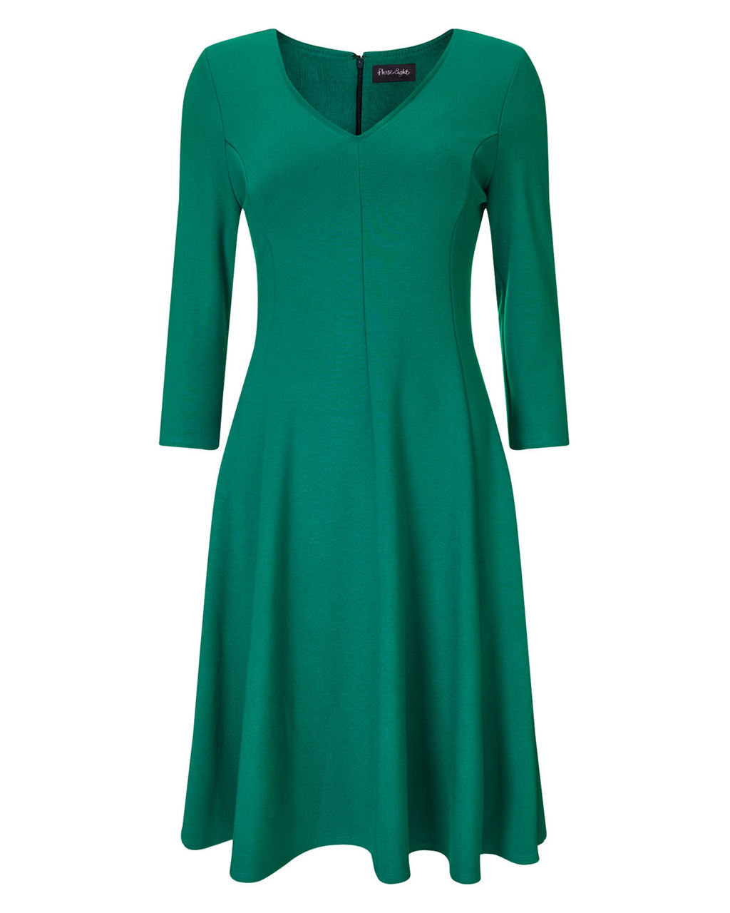Sienna Skater Dress - neckline: v-neck; pattern: plain; predominant colour: emerald green; occasions: evening; length: on the knee; fit: fitted at waist & bust; style: fit & flare; fibres: viscose/rayon - stretch; sleeve length: 3/4 length; sleeve style: standard; pattern type: fabric; texture group: jersey - stretchy/drapey; season: a/w 2015
