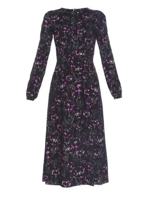 Bay Peony Flower Print Midi Dress - predominant colour: black; pattern type: fabric; pattern size: standard; pattern: patterned/print; occasions: creative work; season: a/w 2015