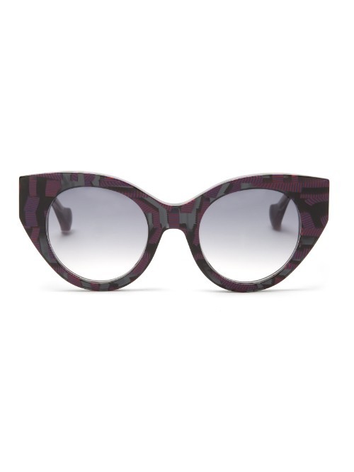 X Thierry Lasry Geometric Print Sunglasses - predominant colour: purple; secondary colour: aubergine; occasions: casual, holiday; style: cateye; size: large; material: plastic/rubber; finish: plain; pattern: patterned/print; season: a/w 2015