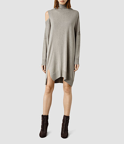 Cecily Dress - style: jumper dress; length: mid thigh; fit: loose; pattern: plain; neckline: roll neck; predominant colour: taupe; occasions: casual, creative work; fibres: wool - mix; hip detail: slits at hip; shoulder detail: cut out shoulder; sleeve length: long sleeve; sleeve style: standard; texture group: knits/crochet; pattern type: knitted - fine stitch; season: a/w 2015