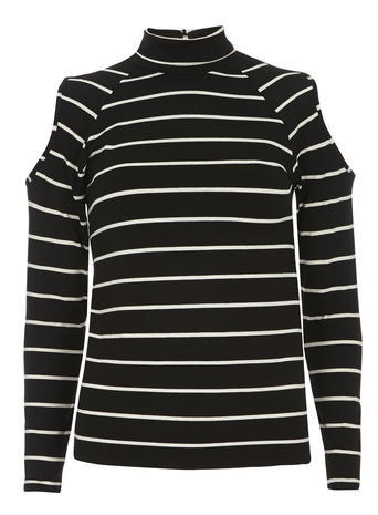 Womens Stripe Cold Shoulder Top Black - pattern: horizontal stripes; neckline: roll neck; predominant colour: black; occasions: casual, creative work; length: standard; style: top; fibres: viscose/rayon - stretch; fit: body skimming; shoulder detail: cut out shoulder; sleeve length: long sleeve; sleeve style: standard; pattern type: fabric; texture group: jersey - stretchy/drapey; pattern size: big & busy (top); season: a/w 2015