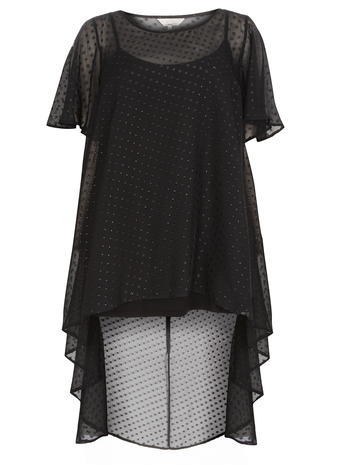 Womens **Billie & Blossom Curve Black Spot Dip Hem Top Black - neckline: round neck; sleeve style: angel/waterfall; pattern: polka dot; predominant colour: black; occasions: casual, evening; length: standard; style: top; fibres: polyester/polyamide - 100%; fit: loose; back detail: longer hem at back than at front; sleeve length: short sleeve; texture group: sheer fabrics/chiffon/organza etc.; pattern type: fabric; pattern size: standard; season: a/w 2015