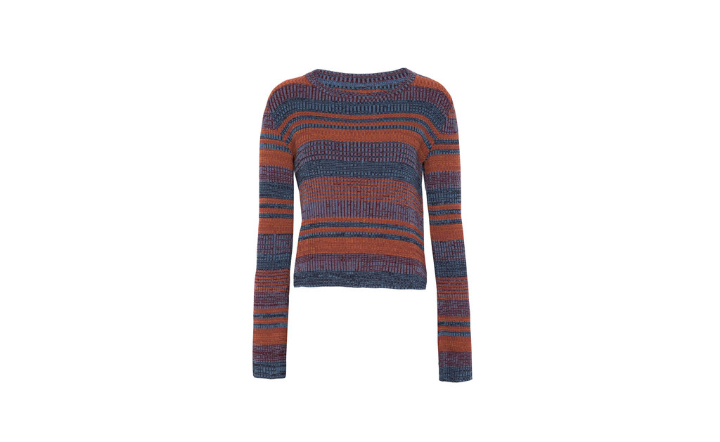 Sweater - neckline: round neck; pattern: horizontal stripes; style: standard; secondary colour: denim; predominant colour: bright orange; occasions: casual; length: standard; fit: standard fit; sleeve length: long sleeve; sleeve style: standard; texture group: knits/crochet; pattern type: fabric; multicoloured: multicoloured; season: a/w 2015; wardrobe: highlight