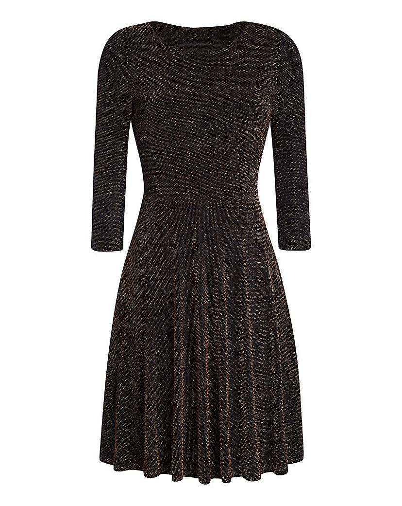 Glitter Skater Dress - neckline: round neck; pattern: plain; secondary colour: gold; predominant colour: black; occasions: evening; length: just above the knee; fit: fitted at waist & bust; style: fit & flare; fibres: polyester/polyamide - stretch; sleeve length: 3/4 length; sleeve style: standard; pattern type: fabric; texture group: jersey - stretchy/drapey; embellishment: glitter; season: a/w 2015