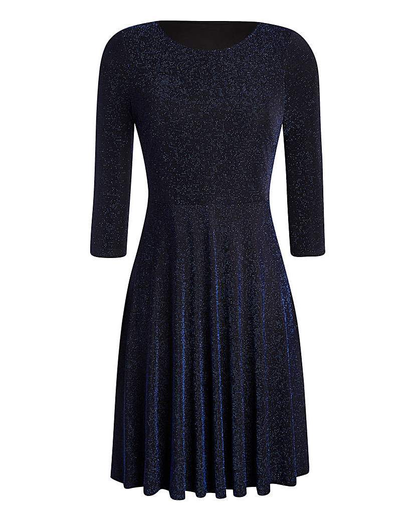 Glitter Skater Dress - style: shift; neckline: round neck; pattern: plain; predominant colour: navy; occasions: evening, occasion; length: just above the knee; fit: soft a-line; fibres: polyester/polyamide - stretch; sleeve length: 3/4 length; sleeve style: standard; pattern type: fabric; texture group: jersey - stretchy/drapey; season: a/w 2015