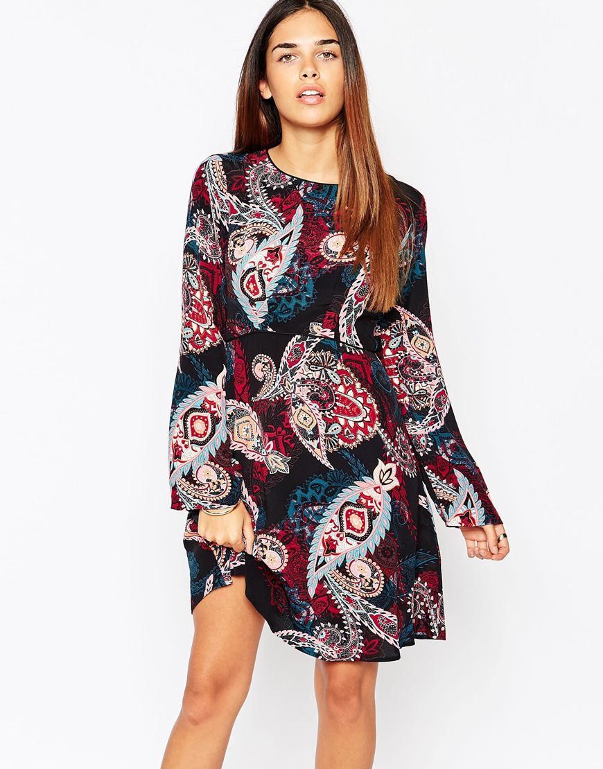 Paisley Print Babydoll Dress Multi - style: shift; neckline: round neck; pattern: paisley; predominant colour: black; occasions: casual, creative work; length: just above the knee; fit: body skimming; fibres: viscose/rayon - 100%; sleeve length: long sleeve; sleeve style: standard; texture group: sheer fabrics/chiffon/organza etc.; pattern type: fabric; pattern size: big & busy; multicoloured: multicoloured; season: a/w 2015