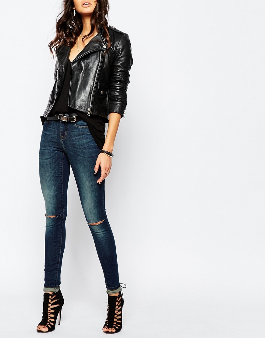 Lucy Super Skinny Jeans Blue - style: skinny leg; pattern: plain; pocket detail: traditional 5 pocket; waist: mid/regular rise; predominant colour: navy; secondary colour: denim; occasions: casual, evening; length: ankle length; fibres: cotton - stretch; jeans detail: shading down centre of thigh, rips; texture group: denim; pattern type: fabric; season: a/w 2015