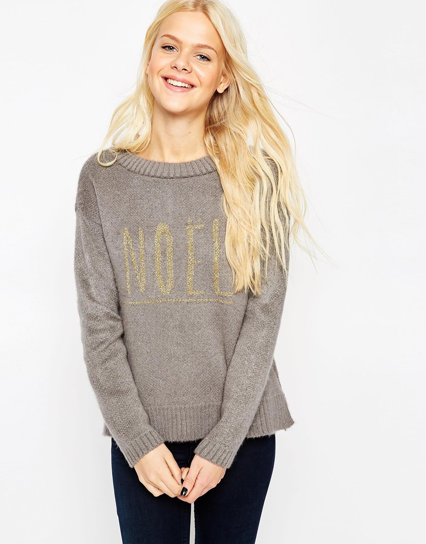 Christmas Jumper With Metallic Noel Grey - sleeve style: dolman/batwing; style: standard; predominant colour: taupe; secondary colour: gold; occasions: casual; length: standard; fibres: acrylic - mix; fit: standard fit; neckline: crew; sleeve length: long sleeve; texture group: knits/crochet; pattern type: knitted - fine stitch; pattern: graphic/slogan; pattern size: big & busy (top); season: a/w 2015