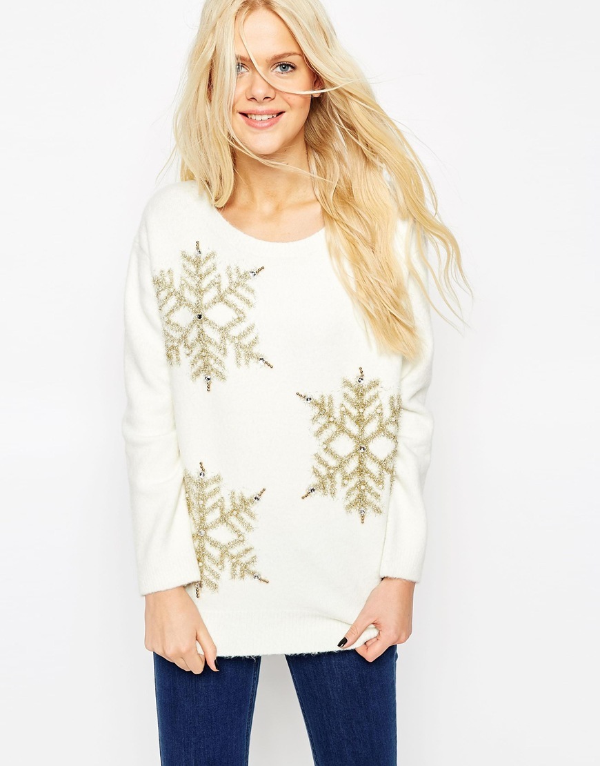Christmas Jumper With Embellished Snowflake Cream - neckline: round neck; pattern: plain; style: standard; predominant colour: ivory/cream; secondary colour: gold; occasions: casual, creative work; length: standard; fit: standard fit; sleeve length: long sleeve; sleeve style: standard; texture group: knits/crochet; pattern type: knitted - fine stitch; embellishment: sequins; trends: christmas jumpers; season: a/w 2015