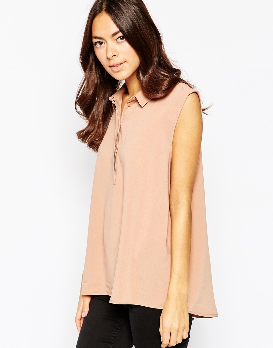 Sleeveless Shirt 408 Adobe Rose - neckline: shirt collar/peter pan/zip with opening; pattern: plain; sleeve style: sleeveless; style: shirt; predominant colour: nude; occasions: work, occasion; length: standard; fibres: viscose/rayon - 100%; fit: loose; sleeve length: sleeveless; texture group: sheer fabrics/chiffon/organza etc.; pattern type: fabric; season: a/w 2015