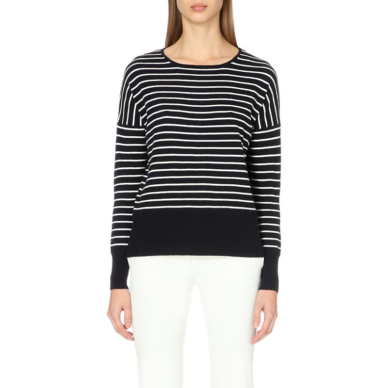 Striped Cotton Blend Jumper, Women's, Blue Stripe - pattern: horizontal stripes; style: standard; secondary colour: white; predominant colour: navy; occasions: casual; length: standard; fibres: cotton - mix; fit: slim fit; neckline: crew; sleeve length: long sleeve; sleeve style: standard; texture group: knits/crochet; pattern type: fabric; multicoloured: multicoloured; season: a/w 2015
