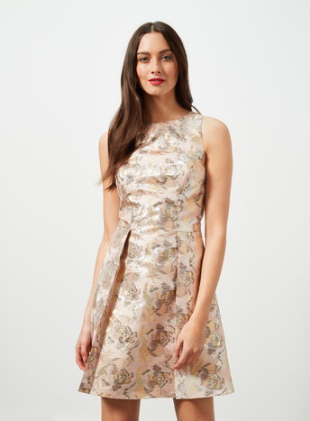 Womens Lurex Jacquard Skater Dress, Pink - sleeve style: sleeveless; predominant colour: blush; secondary colour: gold; occasions: evening, occasion; length: just above the knee; fit: fitted at waist & bust; style: fit & flare; fibres: polyester/polyamide - mix; neckline: crew; sleeve length: sleeveless; pattern type: fabric; pattern size: standard; pattern: patterned/print; texture group: brocade/jacquard; multicoloured: multicoloured; season: a/w 2015
