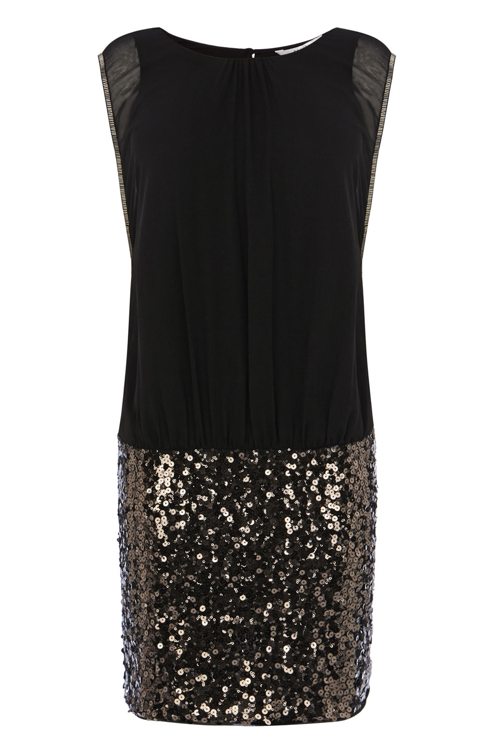 Margarite Embellished Dress - style: shift; length: mid thigh; neckline: round neck; sleeve style: capped; pattern: plain; bust detail: ruching/gathering/draping/layers/pintuck pleats at bust; secondary colour: silver; predominant colour: black; occasions: evening; fit: straight cut; fibres: polyester/polyamide - 100%; hip detail: added detail/embellishment at hip; sleeve length: sleeveless; texture group: crepes; pattern type: fabric; embellishment: sequins; season: a/w 2015
