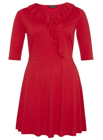 Womens **Dp Curve Red Frill Front Wrap Dress Red - style: faux wrap/wrap; length: mini; neckline: v-neck; pattern: plain; predominant colour: true red; occasions: evening; fit: fitted at waist & bust; fibres: polyester/polyamide - stretch; hip detail: soft pleats at hip/draping at hip/flared at hip; sleeve length: half sleeve; sleeve style: standard; bust detail: tiers/frills/bulky drapes/pleats; pattern type: fabric; texture group: jersey - stretchy/drapey; season: a/w 2015