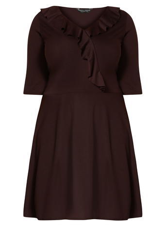 Womens **Dp Curve Aubergine Frill Front Wrap Dress Purple - style: faux wrap/wrap; length: mid thigh; neckline: v-neck; pattern: plain; predominant colour: aubergine; occasions: evening, occasion; fit: fitted at waist & bust; fibres: polyester/polyamide - stretch; hip detail: soft pleats at hip/draping at hip/flared at hip; sleeve length: half sleeve; sleeve style: standard; bust detail: tiers/frills/bulky drapes/pleats; pattern type: fabric; texture group: jersey - stretchy/drapey; season: a/w 2015