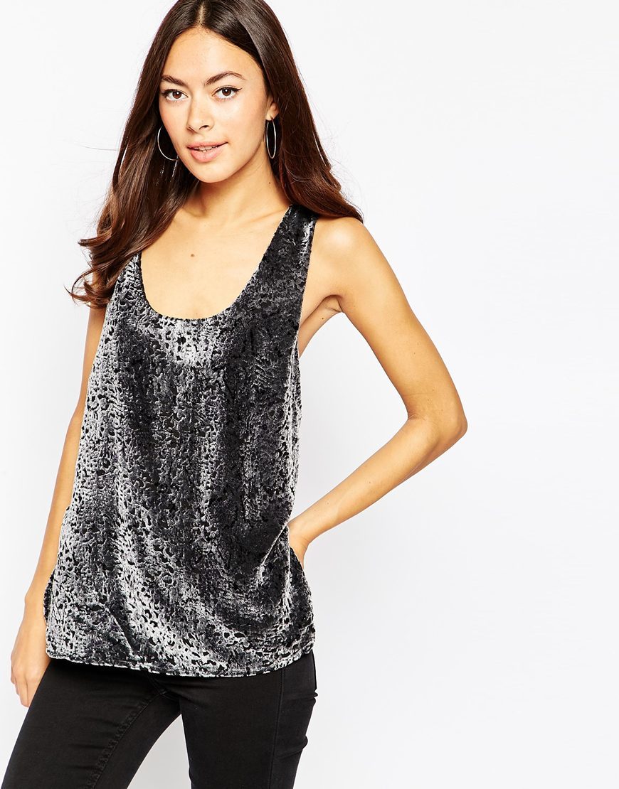 Velvet V Neck Vest Top Black - sleeve style: standard vest straps/shoulder straps; length: below the bottom; style: vest top; secondary colour: charcoal; predominant colour: black; occasions: casual, evening; neckline: scoop; fibres: viscose/rayon - stretch; fit: straight cut; sleeve length: sleeveless; pattern type: fabric; pattern size: standard; pattern: patterned/print; texture group: velvet/fabrics with pile; season: a/w 2015