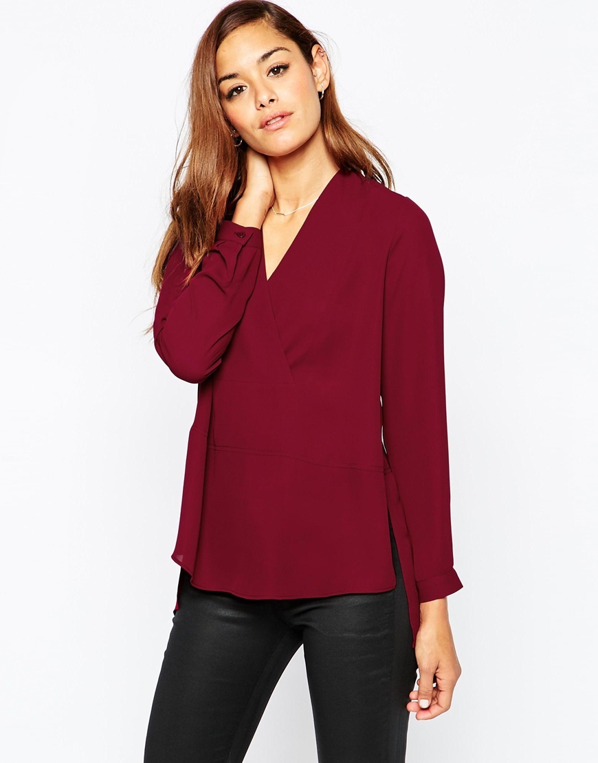 Long Sleeve Deep V Wrap Front Blouse Oxblood - neckline: low v-neck; pattern: plain; style: blouse; predominant colour: burgundy; occasions: casual, work, creative work; length: standard; fibres: polyester/polyamide - 100%; fit: straight cut; sleeve length: long sleeve; sleeve style: standard; texture group: crepes; pattern type: fabric; season: a/w 2015