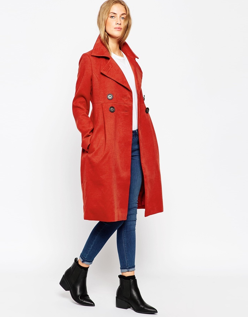 Coat In 60s Midi Tulip Red - style: double breasted; length: on the knee; collar: standard lapel/rever collar; predominant colour: true red; fit: tailored/fitted; sleeve length: long sleeve; sleeve style: standard; collar break: medium; texture group: woven bulky/heavy; occasions: creative work; season: a/w 2015