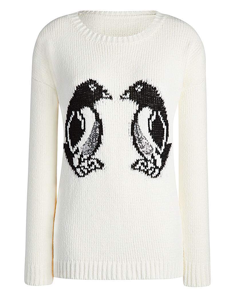 Christmas Penguin Jumper - style: standard; predominant colour: ivory/cream; secondary colour: black; occasions: casual; length: standard; fibres: acrylic - 100%; fit: standard fit; neckline: crew; sleeve length: long sleeve; sleeve style: standard; trends: monochrome, christmas jumpers; texture group: knits/crochet; pattern type: knitted - other; pattern size: standard; pattern: patterned/print; season: a/w 2015