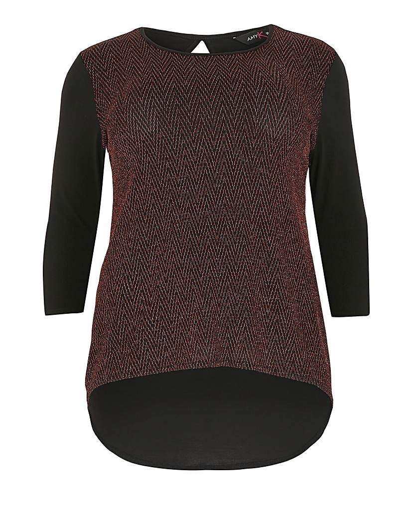 Amy K Glitter Scoop Back Top - neckline: round neck; style: t-shirt; predominant colour: burgundy; secondary colour: black; occasions: casual, creative work; length: standard; fit: body skimming; sleeve length: 3/4 length; sleeve style: standard; pattern type: fabric; pattern size: light/subtle; pattern: colourblock; texture group: jersey - stretchy/drapey; fibres: nylon - stretch; season: a/w 2015