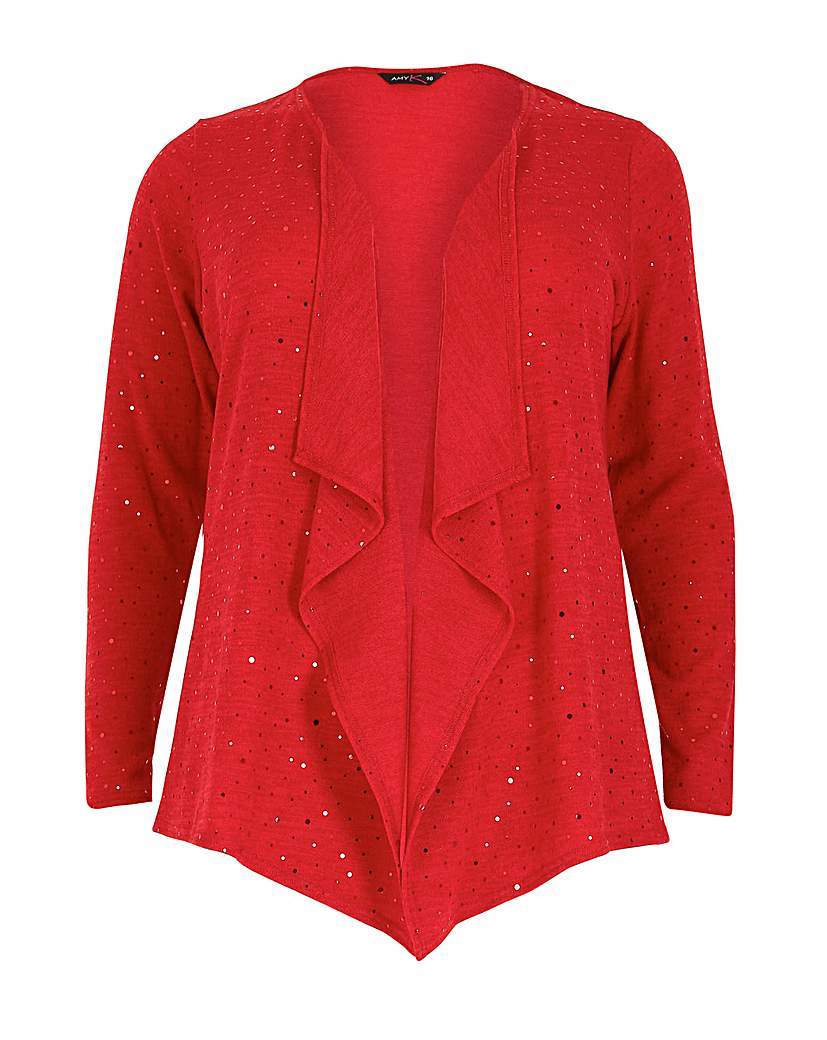 Amy K Sequin Waterfall Jacket - pattern: plain; neckline: waterfall neck; style: open front; predominant colour: true red; occasions: evening; length: standard; fibres: polyester/polyamide - mix; fit: loose; sleeve length: long sleeve; sleeve style: standard; texture group: knits/crochet; pattern type: knitted - fine stitch; embellishment: sequins; season: a/w 2015