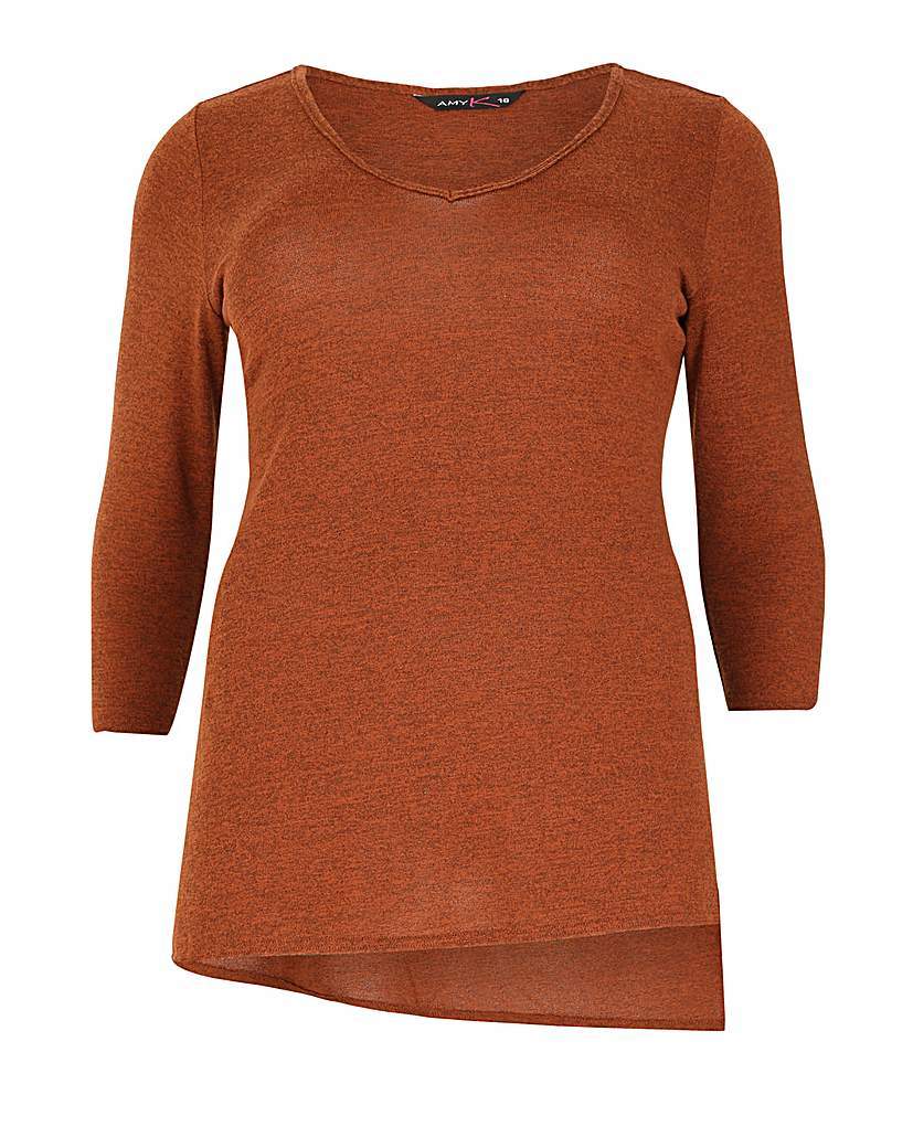 Amy K Asymmetric Jersey Top - neckline: round neck; pattern: plain; predominant colour: terracotta; occasions: casual, creative work; length: standard; style: top; fibres: polyester/polyamide - stretch; fit: body skimming; sleeve length: 3/4 length; sleeve style: standard; pattern type: fabric; texture group: jersey - stretchy/drapey; season: a/w 2015