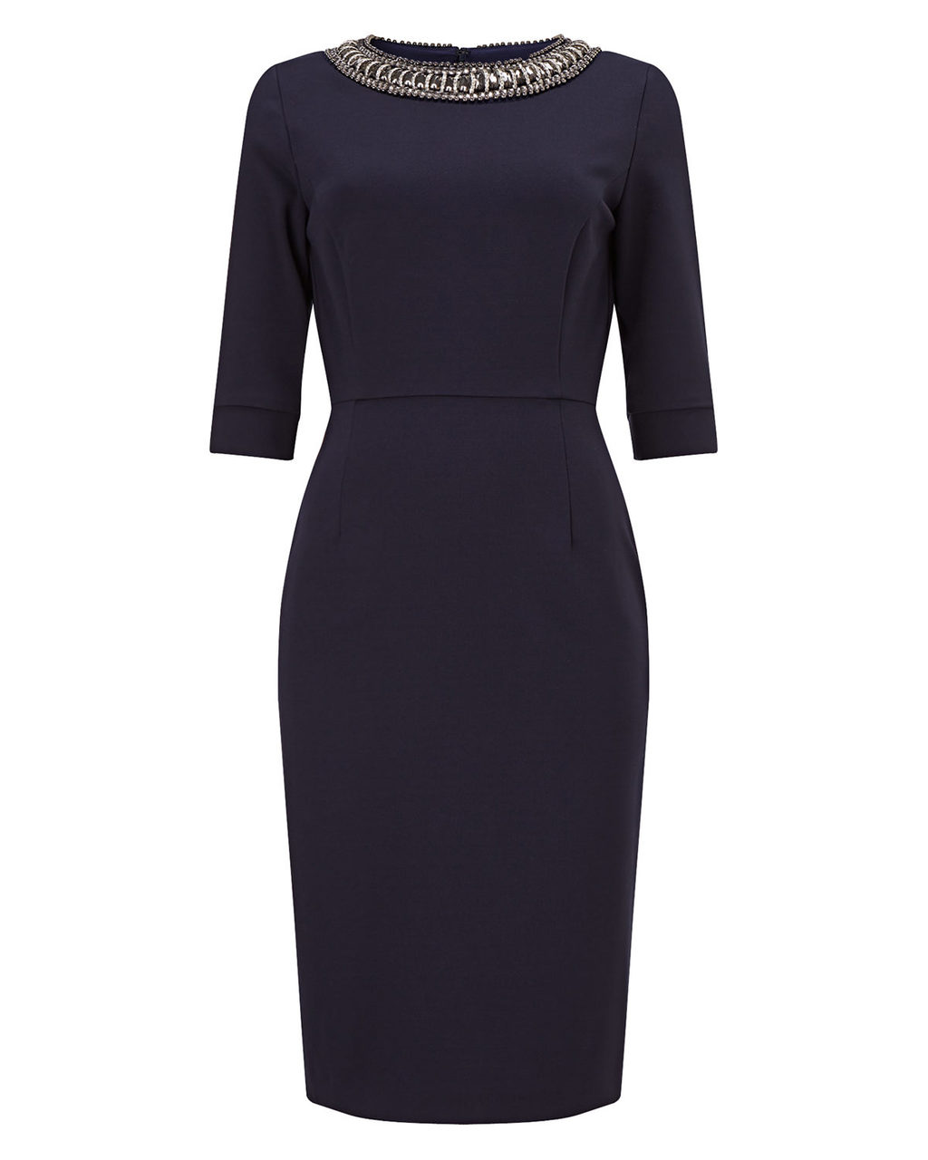 Pheobe Jewelled Dress - style: shift; fit: tailored/fitted; pattern: plain; bust detail: added detail/embellishment at bust; predominant colour: navy; occasions: evening; length: just above the knee; fibres: viscose/rayon - stretch; neckline: crew; sleeve length: half sleeve; sleeve style: standard; pattern type: fabric; texture group: jersey - stretchy/drapey; embellishment: beading; season: a/w 2015