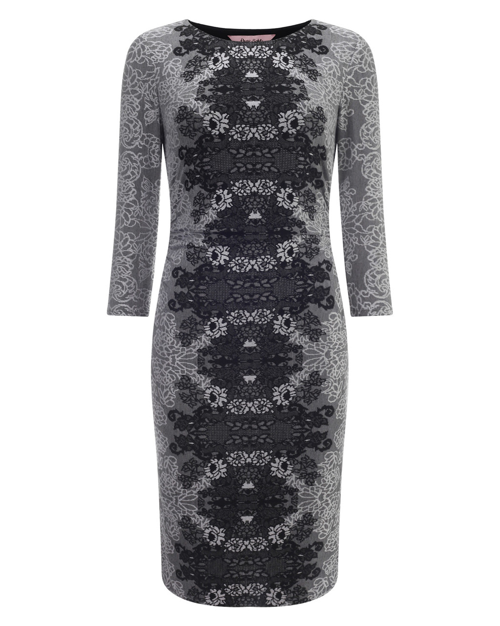 Jaida Placement Jacquard Dress - style: shift; predominant colour: charcoal; secondary colour: light grey; occasions: evening; length: just above the knee; fit: body skimming; fibres: viscose/rayon - stretch; neckline: crew; sleeve length: 3/4 length; sleeve style: standard; pattern type: fabric; pattern: patterned/print; texture group: brocade/jacquard; multicoloured: multicoloured; season: a/w 2015