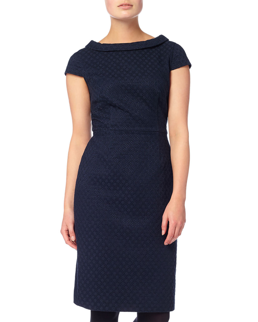 Monroe Textured Dress - style: shift; fit: tailored/fitted; pattern: plain; predominant colour: navy; occasions: evening; length: on the knee; neckline: collarstand; fibres: cotton - stretch; sleeve length: short sleeve; sleeve style: standard; pattern type: fabric; texture group: other - light to midweight; season: a/w 2015