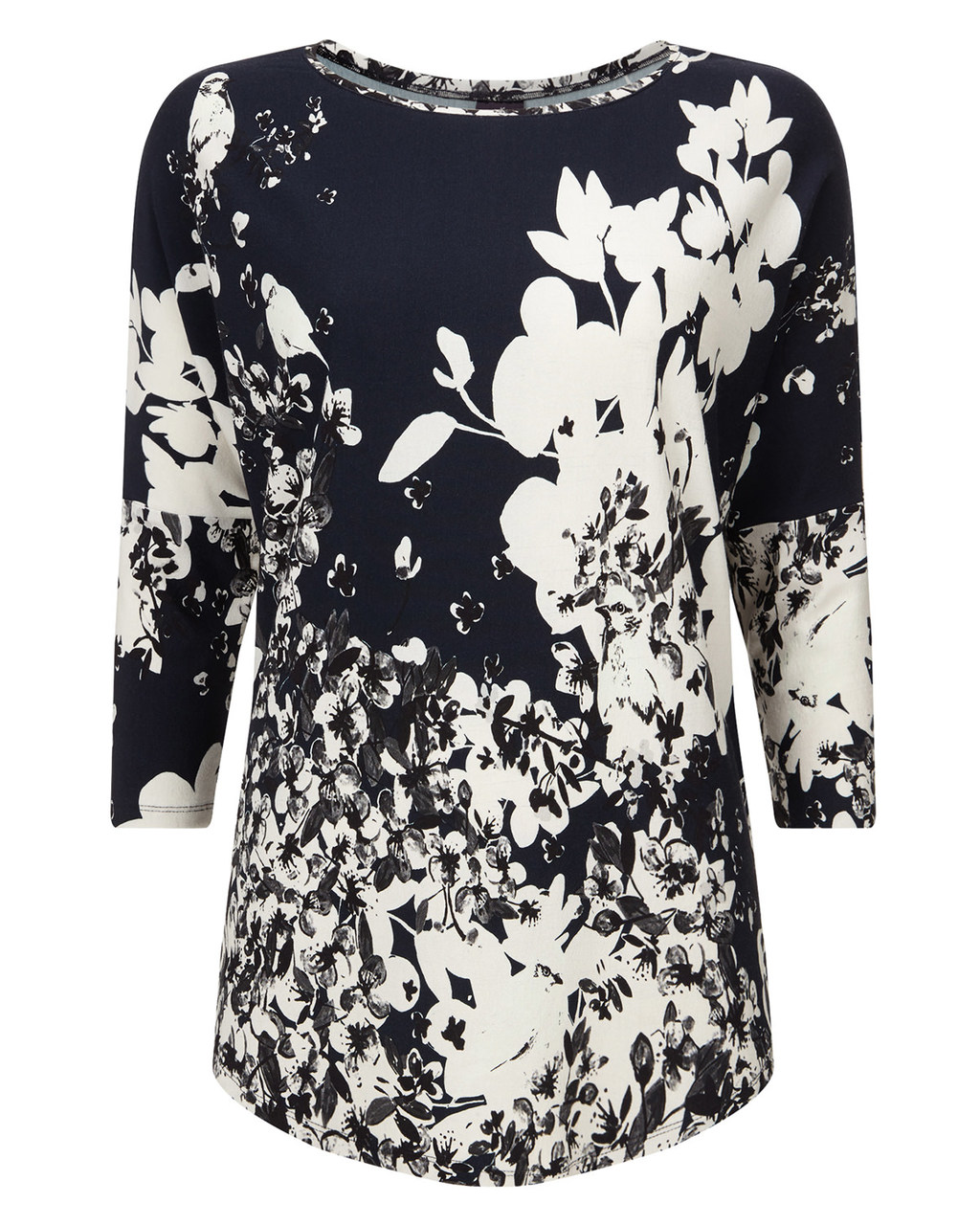 Bird Print Catrina Top - neckline: round neck; length: below the bottom; style: t-shirt; secondary colour: white; predominant colour: black; occasions: casual, creative work; fibres: viscose/rayon - stretch; fit: body skimming; sleeve length: 3/4 length; sleeve style: standard; trends: monochrome; pattern type: fabric; pattern: florals; texture group: jersey - stretchy/drapey; pattern size: big & busy (top); season: a/w 2015